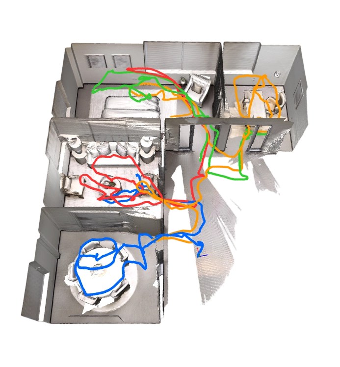 Apartment-2 ground-truth mesh with four agent trajectories