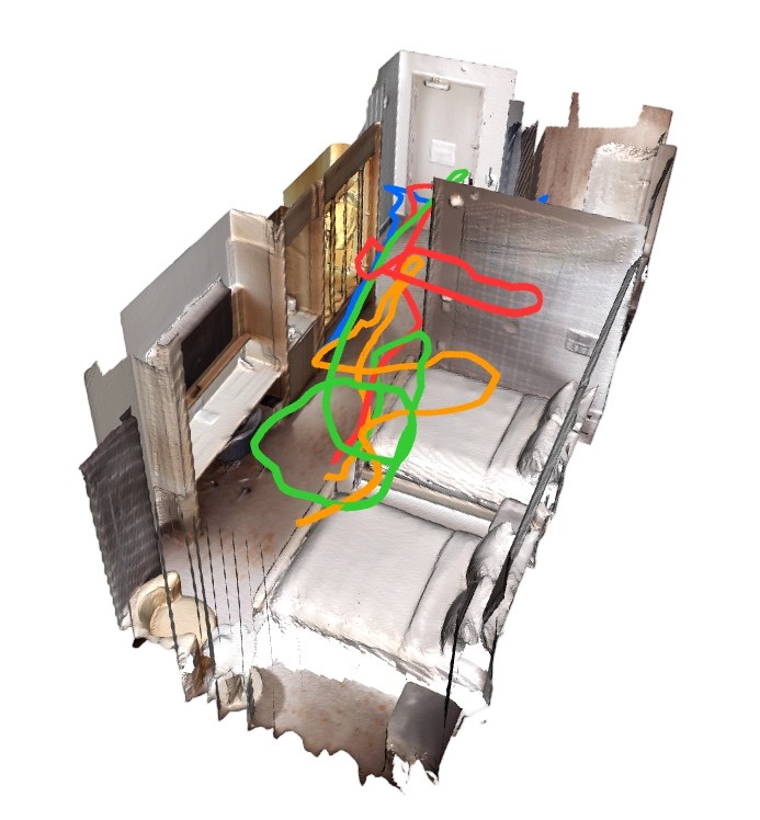 Hotel-0 ground-truth mesh with four agent trajectories