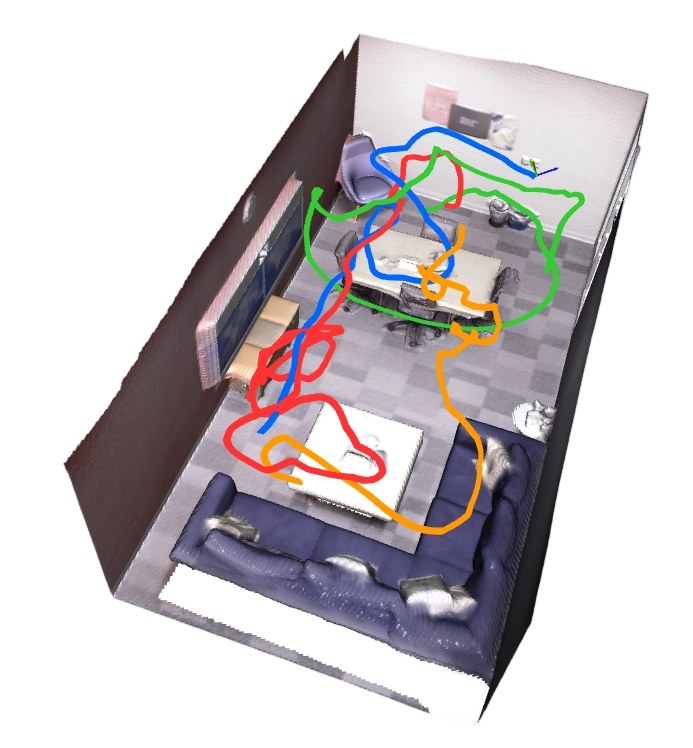 Office-2 ground-truth mesh with four agent trajectories